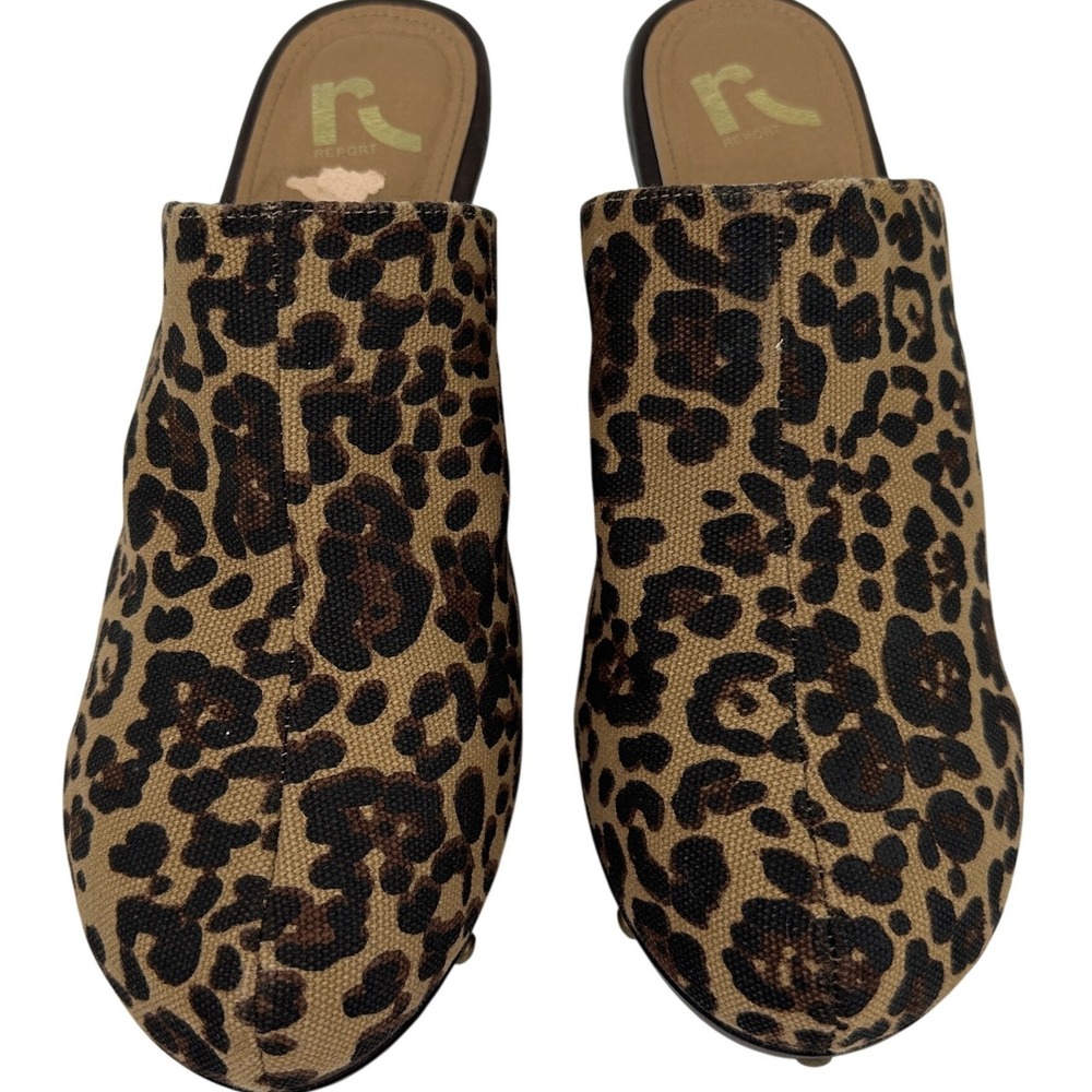 Reports Block Heeled Studded Theresa‎ Clogs Size 11 Animal Print Canvas Platform - Picture 2 of 10